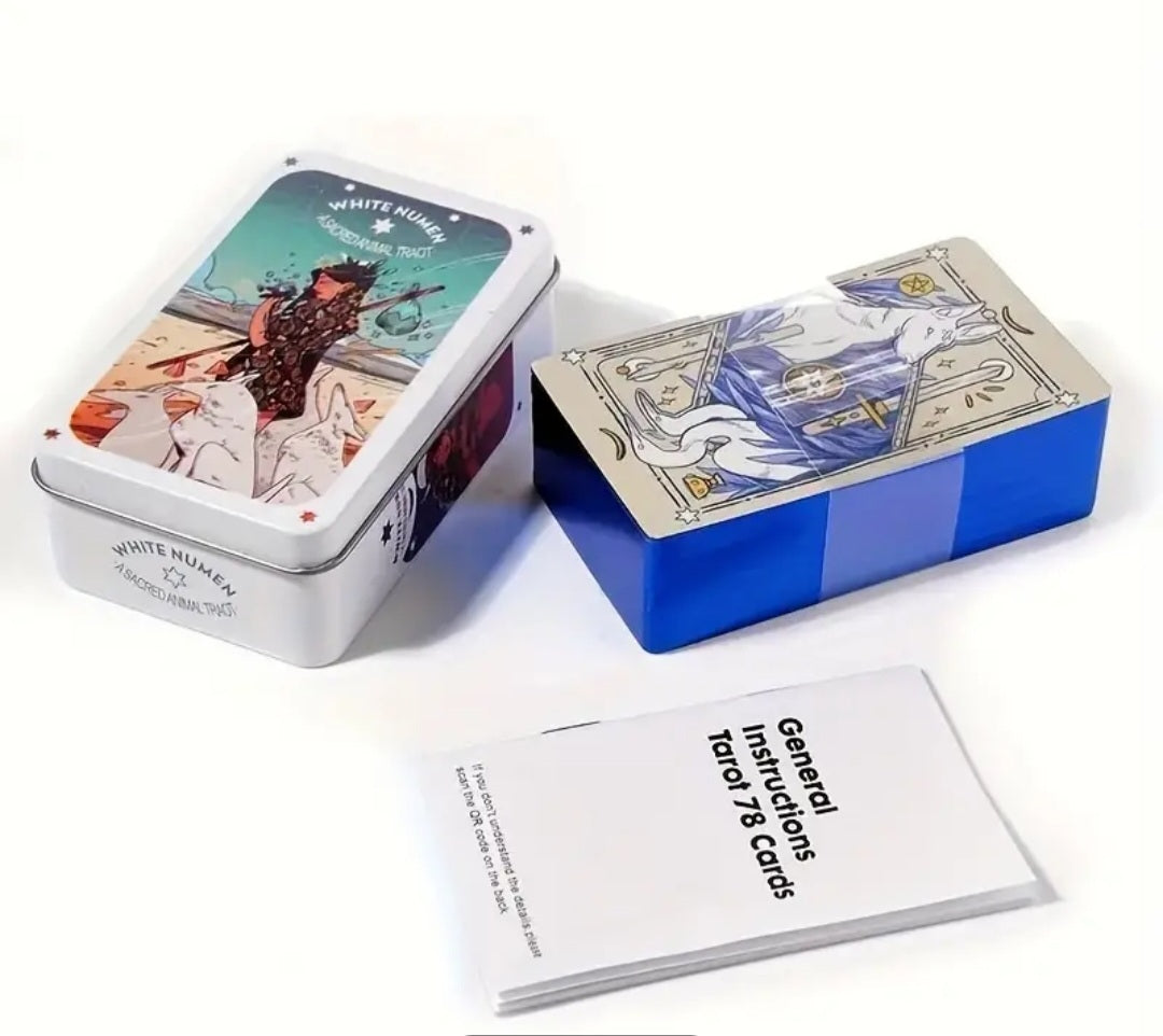 White Numen tarot in metal box pocket version with paper guide new guilded edges