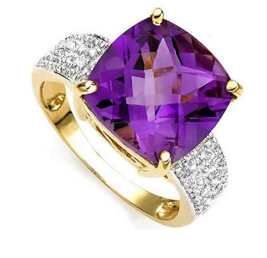 14k Yellow Gold over sterling silver Ring 16 Round cut Diamonds 8.0 CTW Amethyst cushion cut size 7